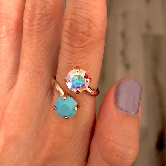 Aurora Borealis + Turquoise Rose Gold Crystal Ring - Picture 2 of 8
